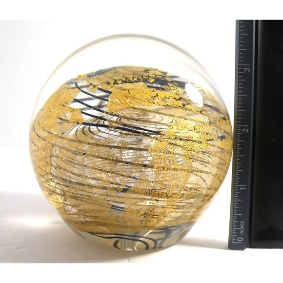 Handcrafted Glass Art Sphere With Gold Leaf & Swirling Black Pattern 4" Diameter - Picture 4 of 6